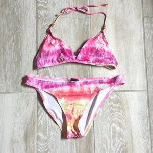 L.E.I. Y2K Tie Dye Hawaiian Flower Triangle Bikini